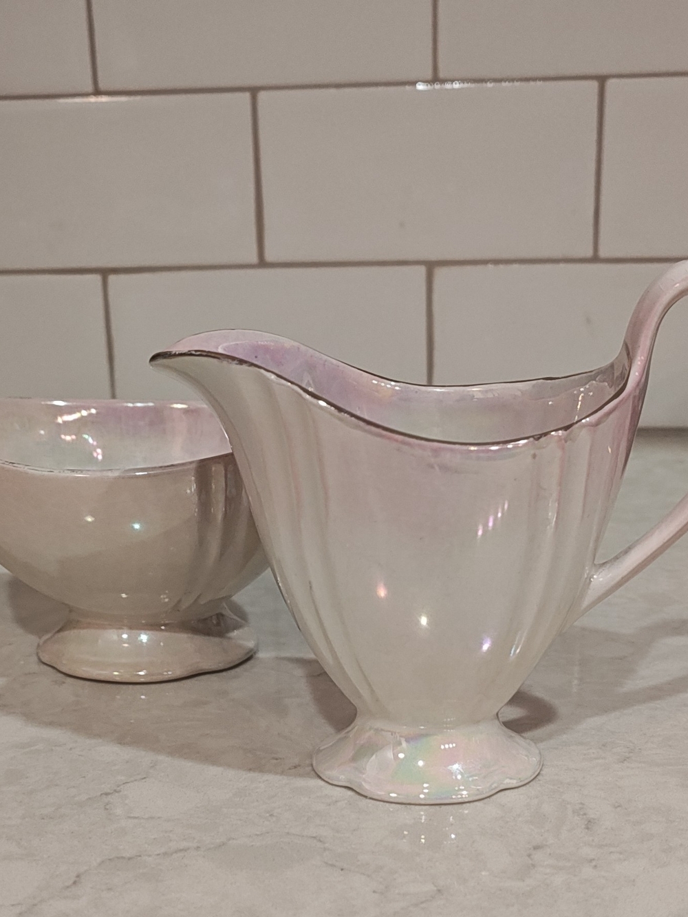 vintage Royal Winton Grimwades iridescent pink lustreware sugar and creamer set.